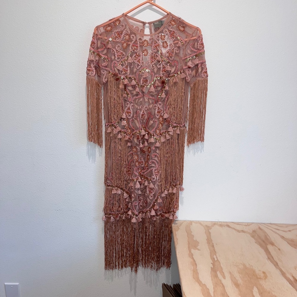 ASOS Embellished Fringe Tassel Mini Dress Dusty Rose Beaded Sequin Party UK4 US0